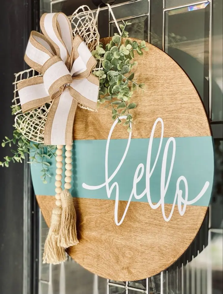 Wall Decor Wooden Rustic Welcome sign Round Wall Art hanging sign board  wood bead garland farmhouse with Tassels