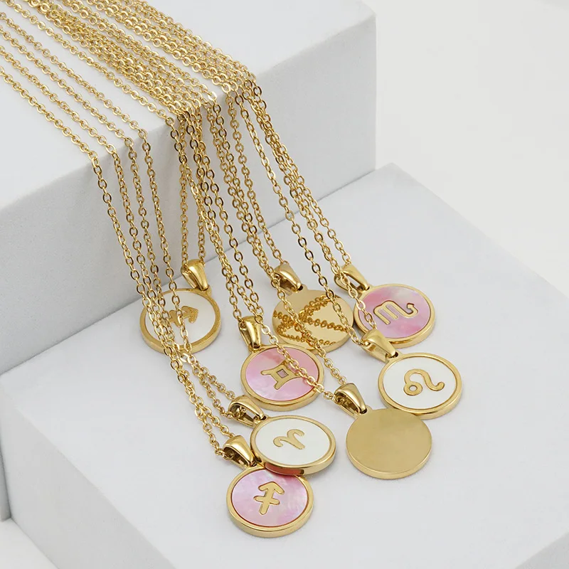 18K Gold Plated Stainless Steel 12 Horoscope Sign Coin Pendant Fashion Round Zodiac Necklace Jewelry For Couple