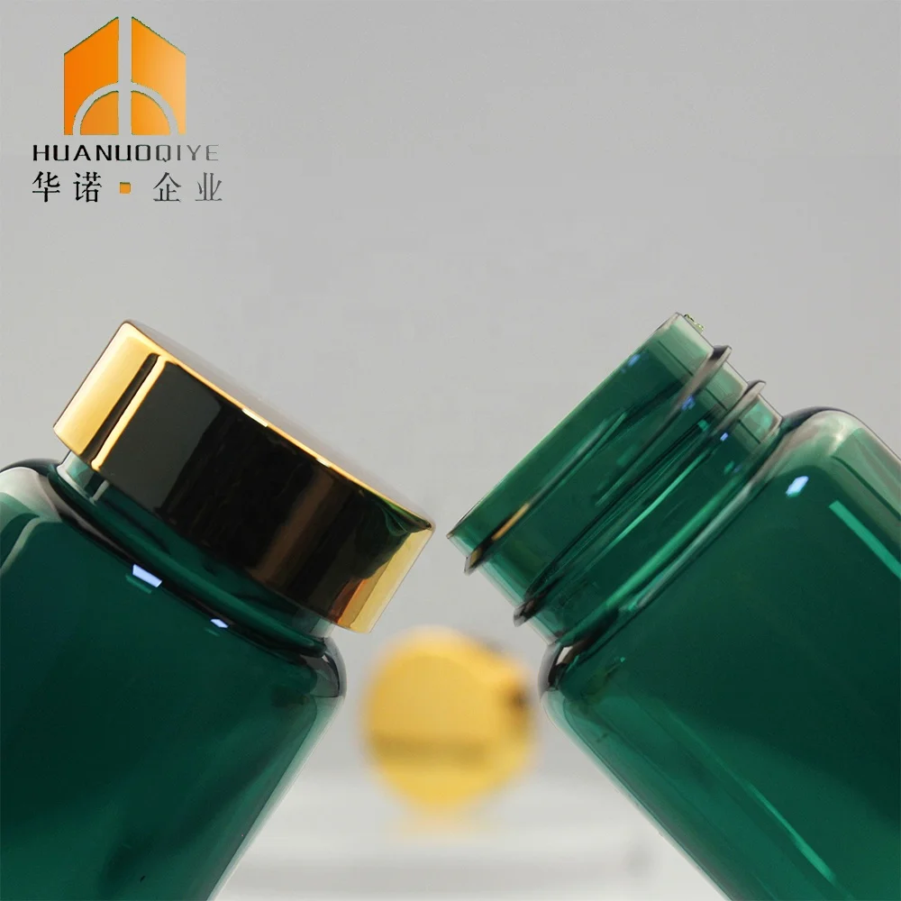 Large Size 100ml Thick Matte Green Color Medicine Pill Vitamin Protein Powder Plastic Bottles Containers with Gold Lid
