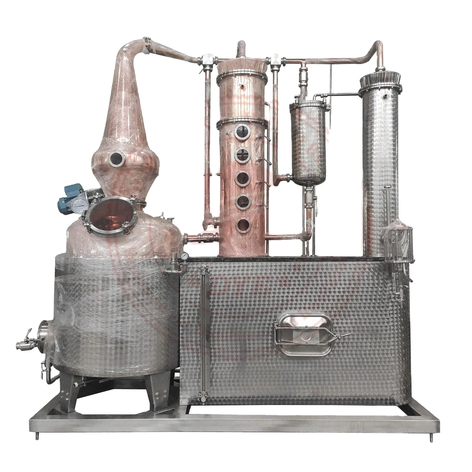 
600L copper still gooseneck for rum steam heating whisky gin brandy marble storage glass ABB agitator basket mix 