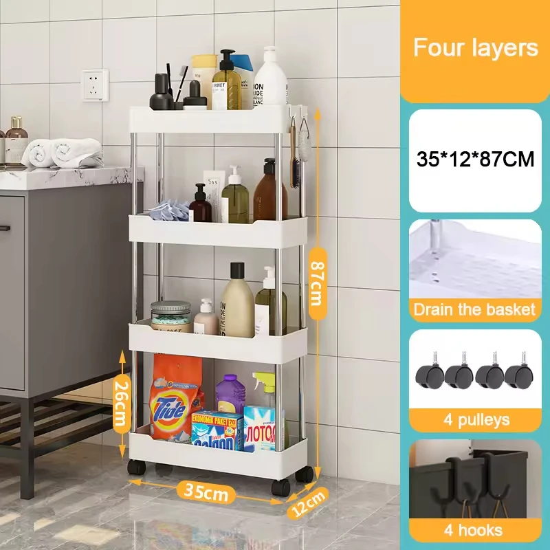 Multipurpose Rotatable Save Space Crack Shelf With Wheels Plastic Bathroom Removable Rack Narrow Storage Racks Kitchen Organizer