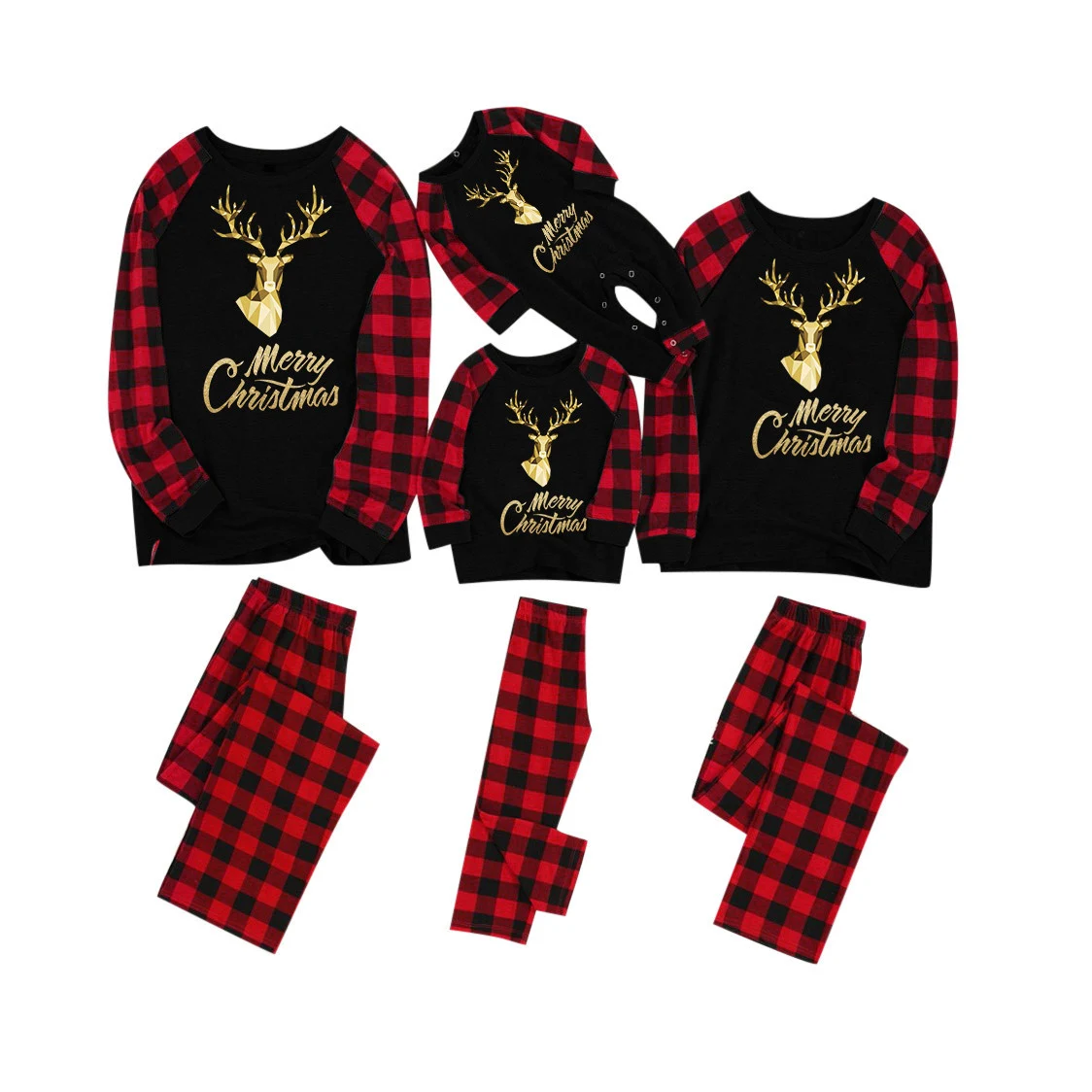 
Christmas tree Round Neck Long Sleeve Plaid parent child christmas suit Family suit 