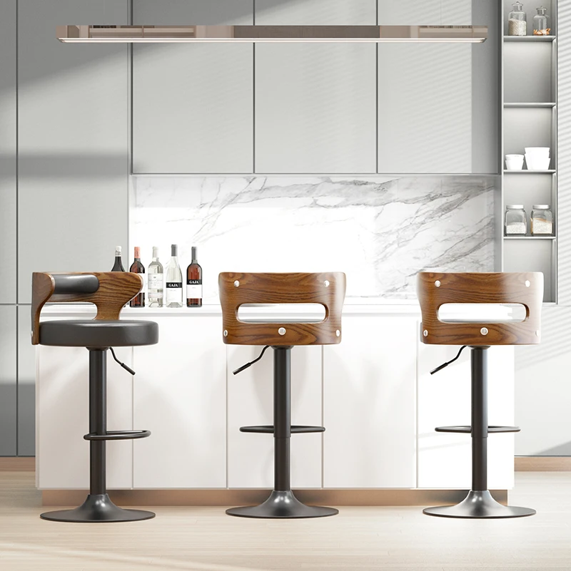 Modern Luxury Durable Wooden Leather Bar Chairs Design Pub Swivel Height Bar stool