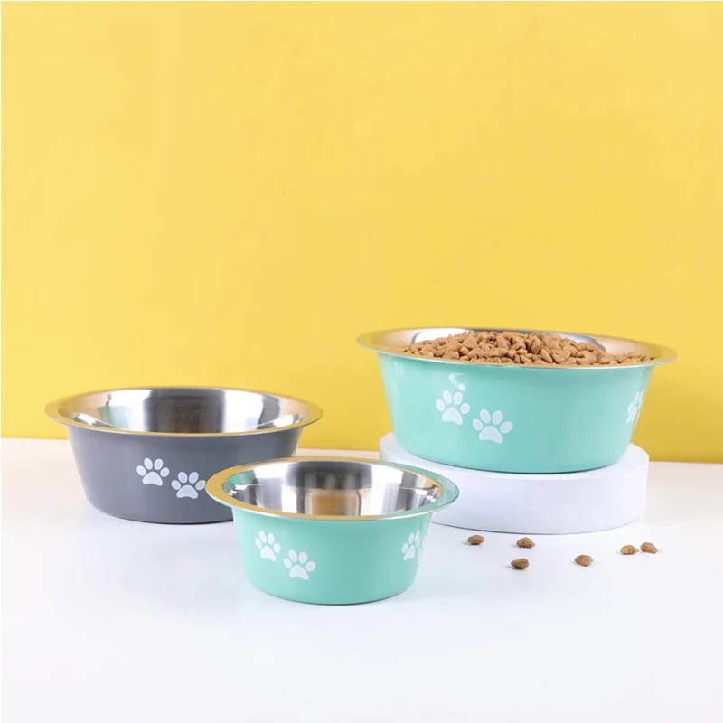 New stainless steel printing pet feeder  creative non-slip cat and dog food bowl pet water bowl cute dog paw bowl