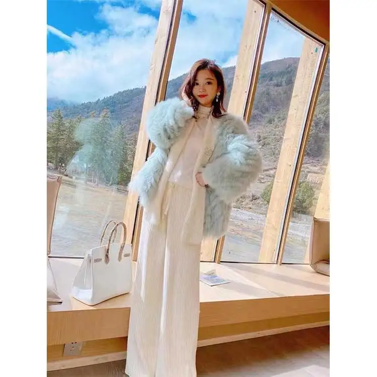 Latest Fashionable Winter Women Luxury Striped Fox Fur Cardigan Coat