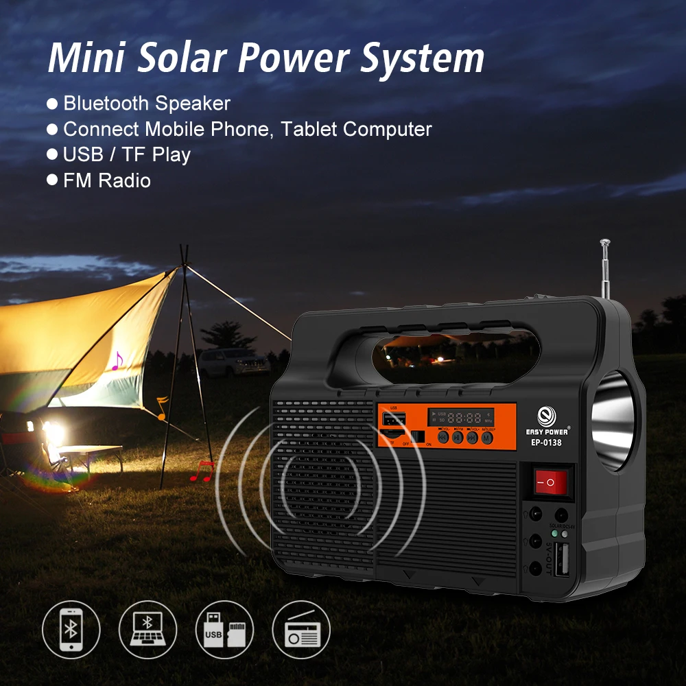 Small portable emergency solar system for home use with lights and radio
