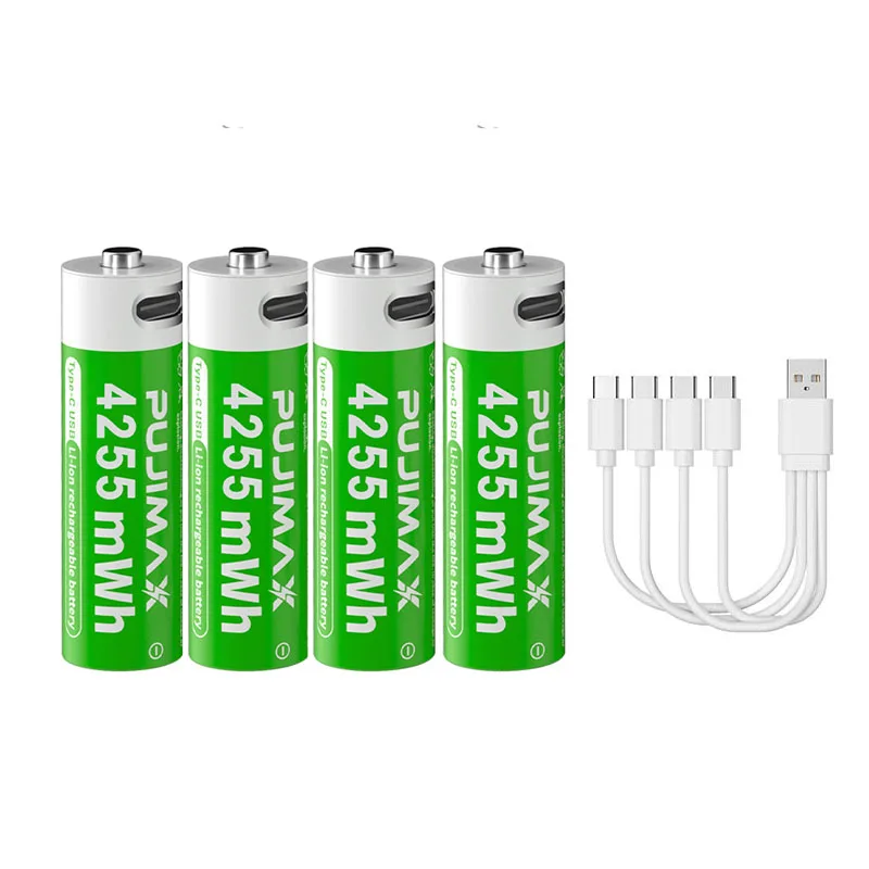 PUJIMAX Custom High Quality 2A Rechargeable Li ion Battery 4PCS 4255mWh Type C 1.5V AA Lithium Ion Batteries With Charging Cable