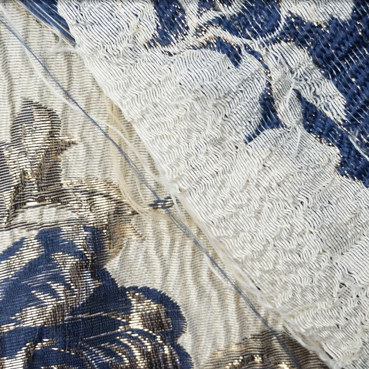 2021 Hot selling sparkling blue flowers woven jacquard brocade metallic fabric for dress