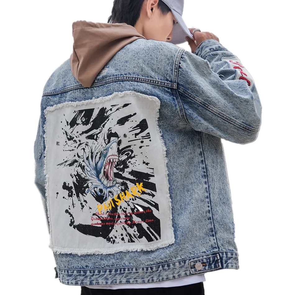 2021 New Fashion Acid Washed Denim Jacket With Big Patches Long Sleeve Distressed Patch Denim Jacket For Men