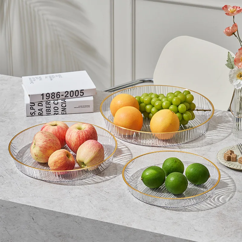 Gold-Painted Horizontal-Grained Glass Plate Transparent Western Food Salad Bowl Net Red Household Fruit Plate