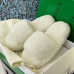 INS Hot Selling Branded Green Terry Flat Sandals Women Plush Fur Slides Winter Home Fuzzy Slippers