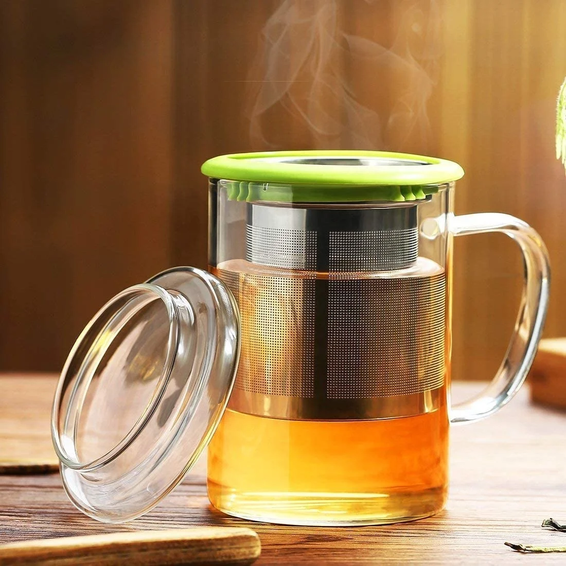 Borosilicate Glass Tea Cups Coffee Mug Cup with Glass Lid and Stainless Steel Tea Strainer