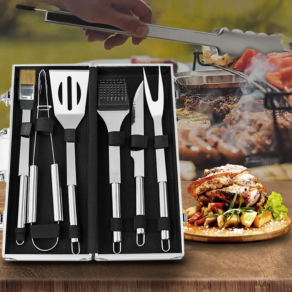 Camping Outdoor Cooking Tool Set Stainless Steel Bbq Tools Set Spatula Fork Tongs Knife Brush Skewers Barbecue Grilling Utensil