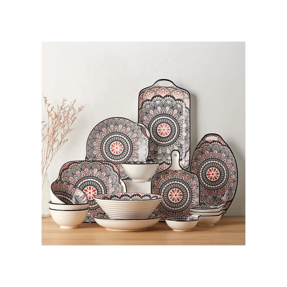 18 Pcs Se tBohemia Style Dinnerware Set  Ceramic Cutlery with Foam Color Box Hand-painted Exquisite Creative Household Tableware