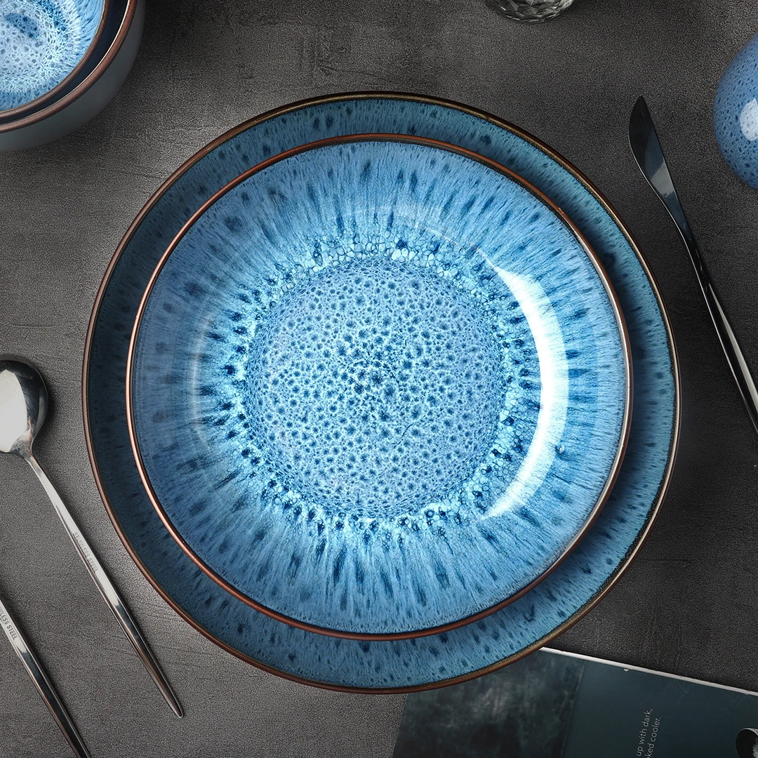 Matte Color Green Blue Black Reactive Glazed Ceramic Stoneware Dinnerware Sets Antique Crockery Rustic Stone Dinner Sets