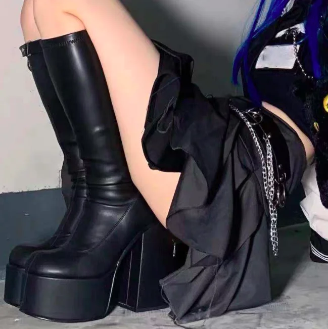 punk style autumn winter boots elastic microfiber shoes woman ankle boots high heels black thick platform long knee high boots