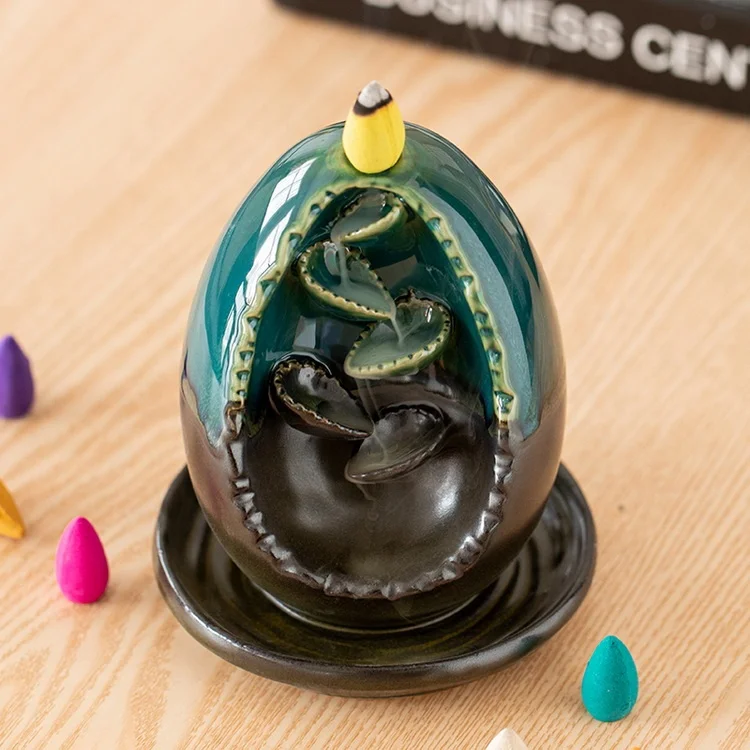 Waterfall Incense Burner Backflow Ceramic Inscents Cone Stick Holder with 10 Cool Back Flow Cones Incent Set