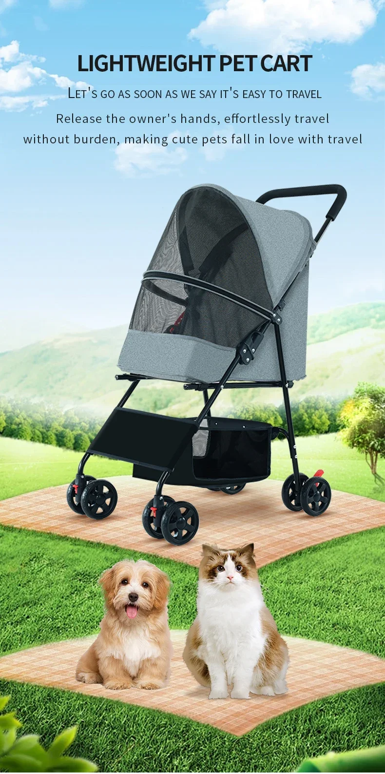 Lightweight Pet Stroller 4 Wheel Foldable Cat Dog Stroller for  for Cats and Dogs