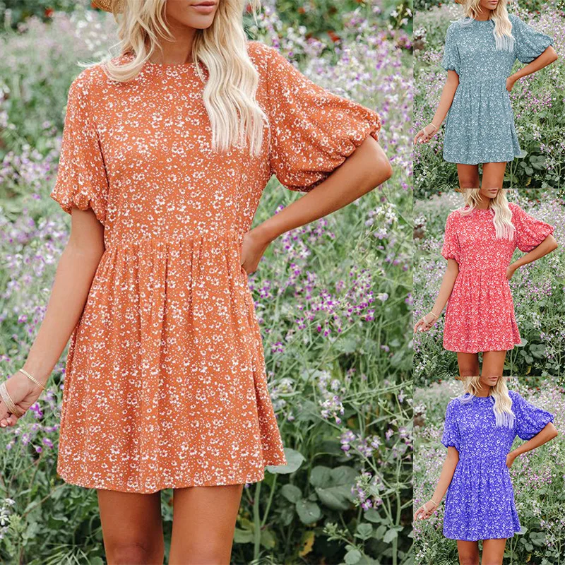 China manufacture young girl short lantern sleeve holiday dress floral print ready to ship summer dresses korean style