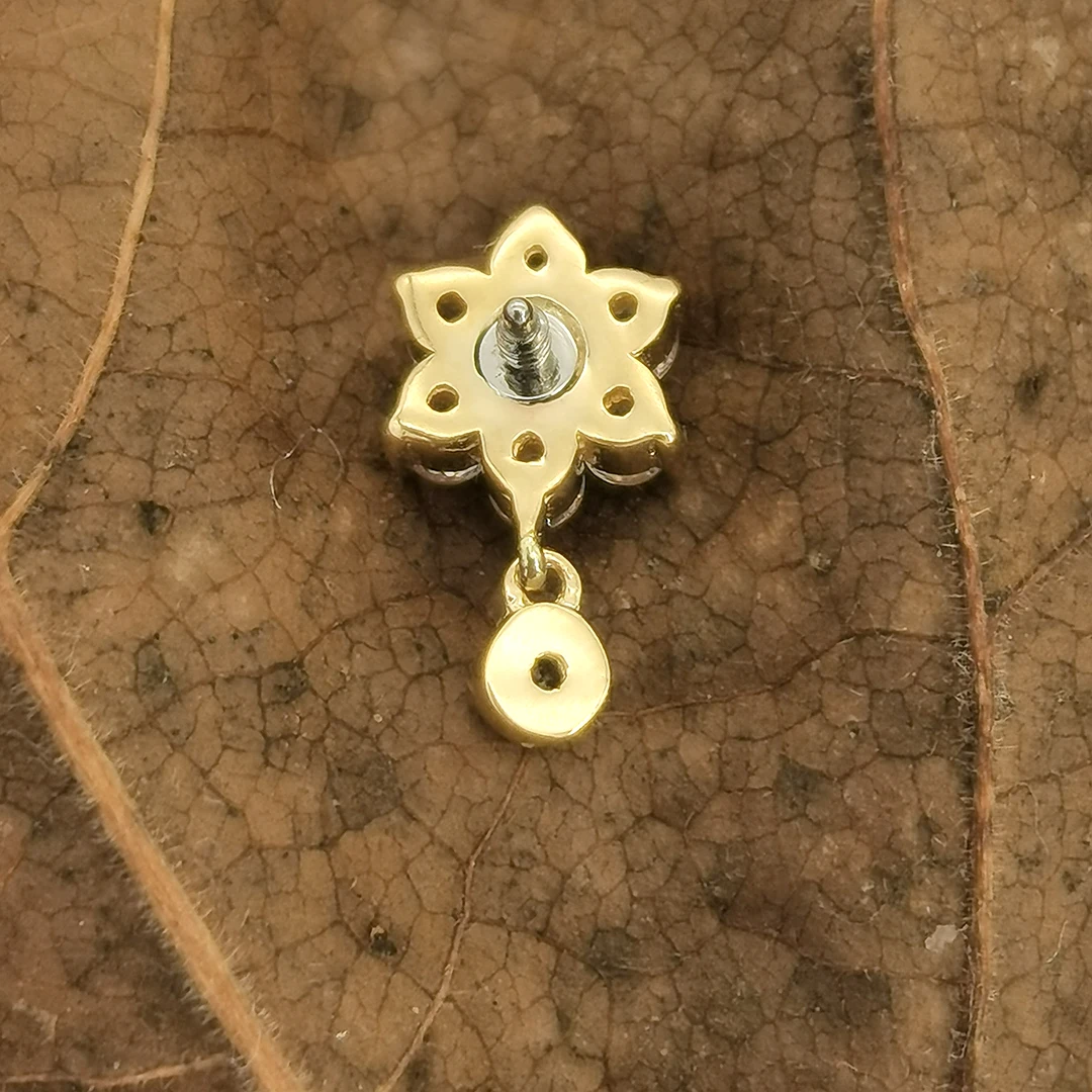 Calendo Fine Jewelry 14k Solid Gold  Flower Threaded Labret  End With Stainless Steel Thread Screw Earring  Piercing Jewelry