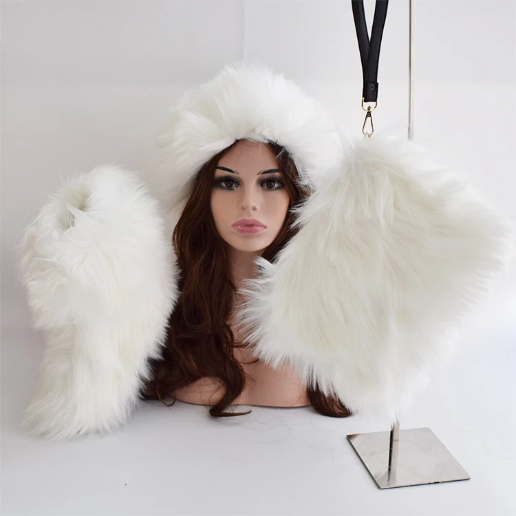 2020 Newest Design wholesale women cheap faux fluffy fur snow white boots with matching purse and headband set