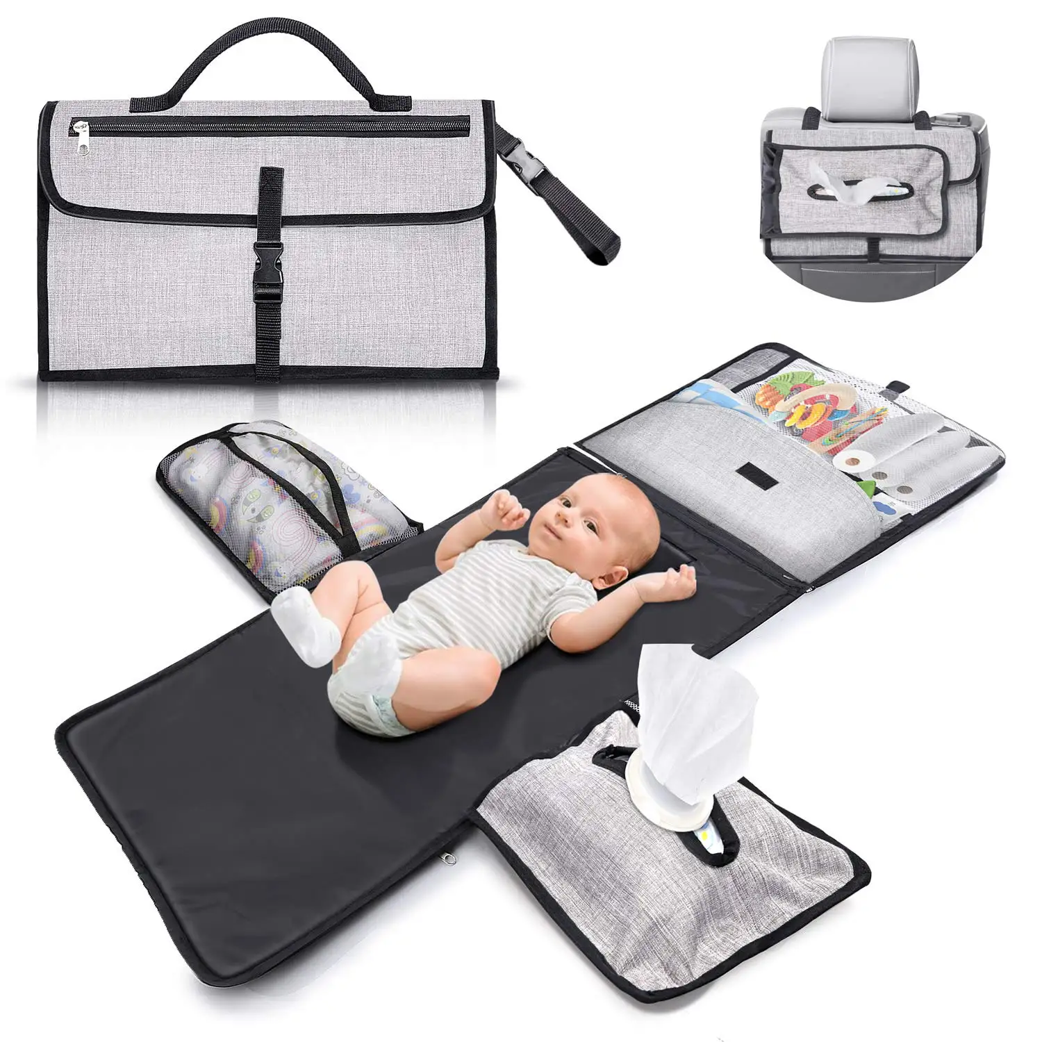 Portable tote small travel outdoor diaper waterproof disposable mummy daddy baby public with removable pouch changing pad mat