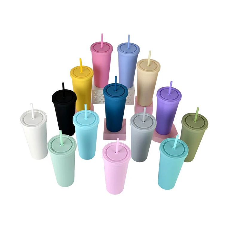 Reusable 22oz Double Wall Colored Acrylic Matte Black Plastic Bulk Cold Drinks Tumbler Cups with lid and straw
