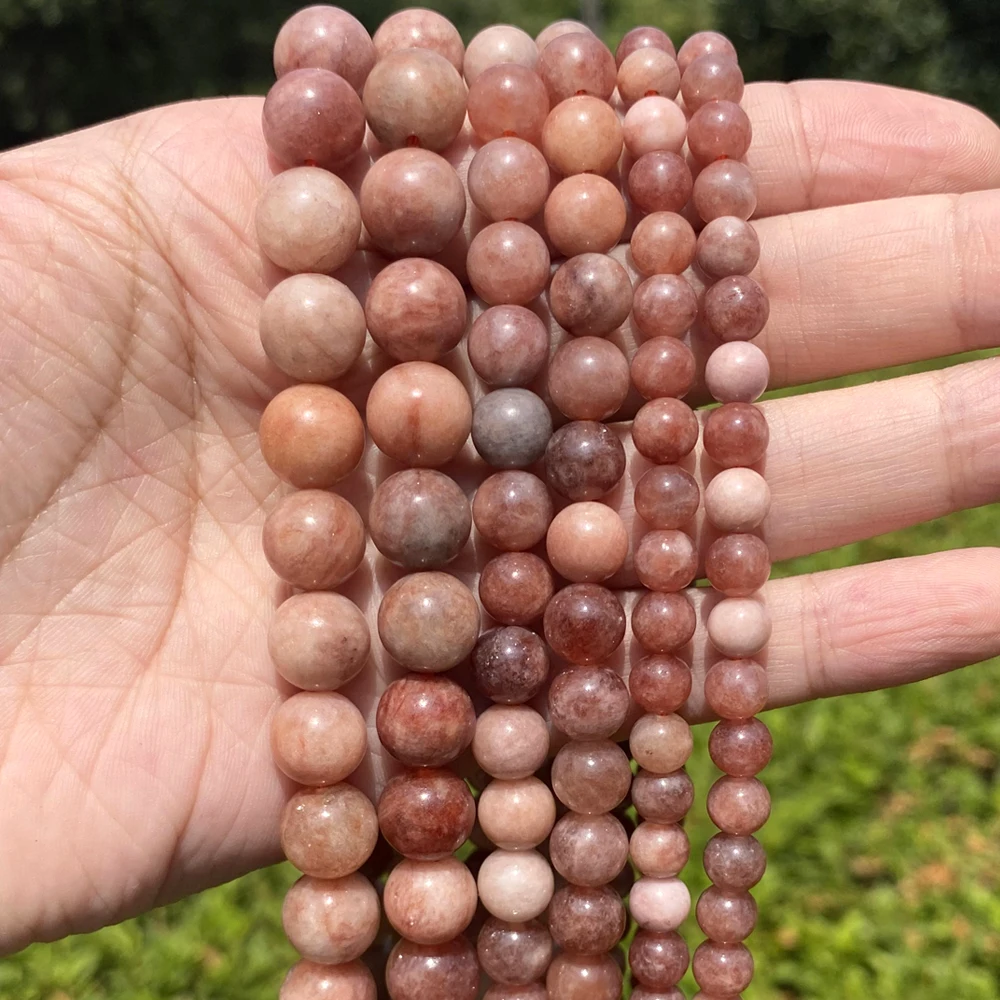 AsVrai U A+ Natural Stone Sunstone Bead Pink Smooth Round Loose Spacer Beads for Jewelry Making Supplier DIY Charm Bracelet 15'