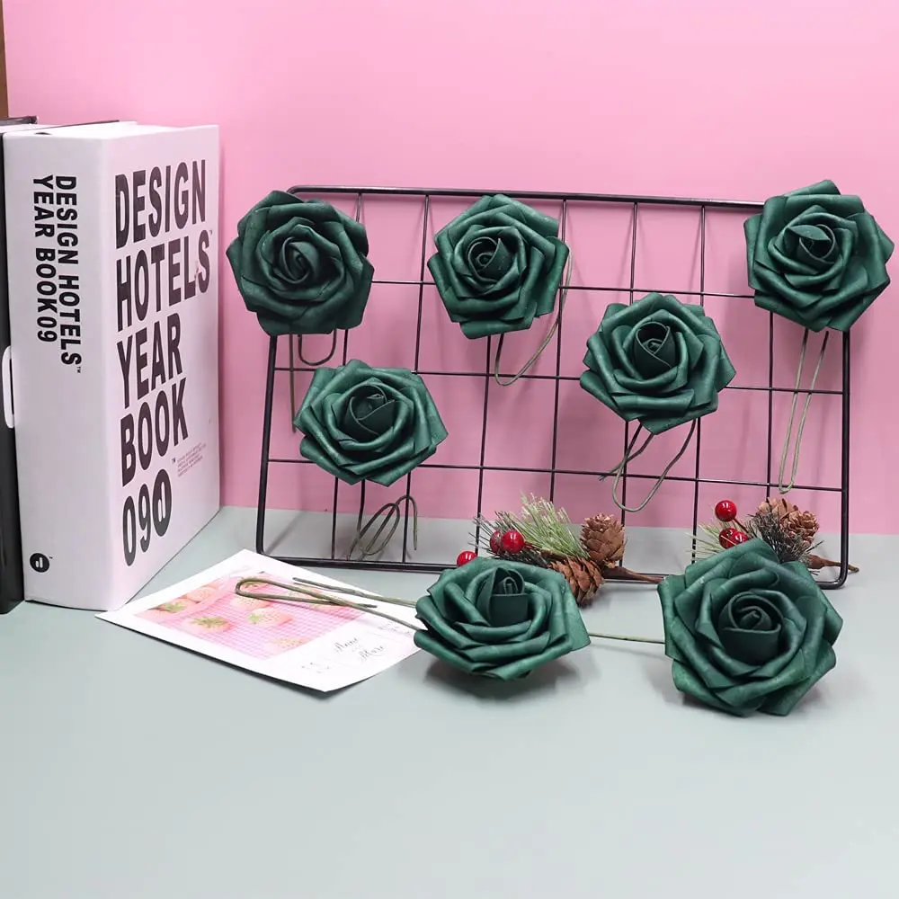 Bulk Dark emerald Green Roses Artificial Flowers with Stem for DIY Wedding Bouquets Centerpieces Arrangements Kissing Ball