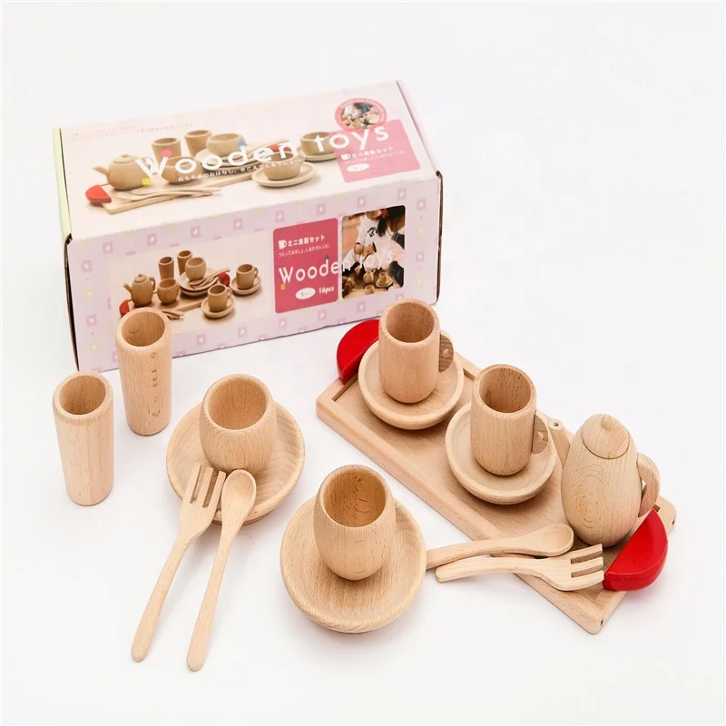 New Arrival Eco-friendly Girl Play House Tableware Wooden Beech Simulation Kitchen Cooking Toys