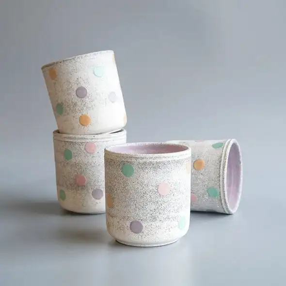 New Product Purple Interior Coffee Cup Handmade Colorful Polka Dot Clay Pottery Drink Water Tea Mug