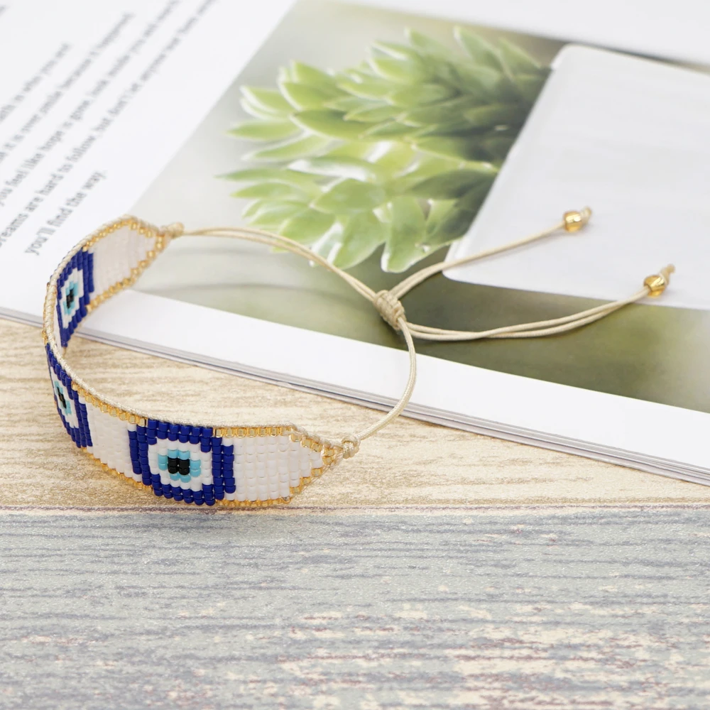 Go2BoHo Miyuki Evil Eye Beaded Bracelet BOHO Fashion Jewelry Three Eyes White / Golden Handmade Woven  Beads Bracelets