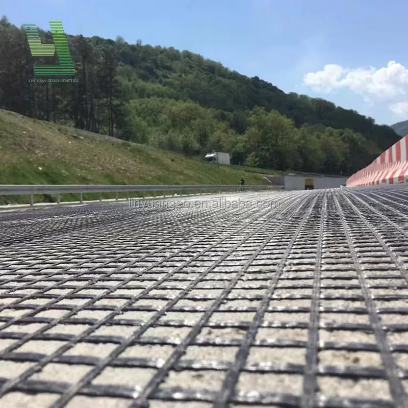 China Factory Price Fiberglass Mesh Biaxial Geogrid Fiberglass Geogrid 50KN 100KN Bitumen Coating Airport Driveway Asphalt Road