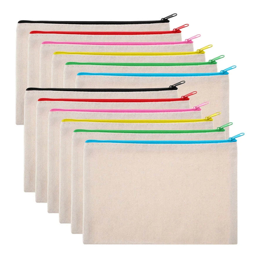 Customized Logo Print Small 12oz Canvas Fabric Bag Zipper Cotton Pouch Pencil Cosmetic Bag