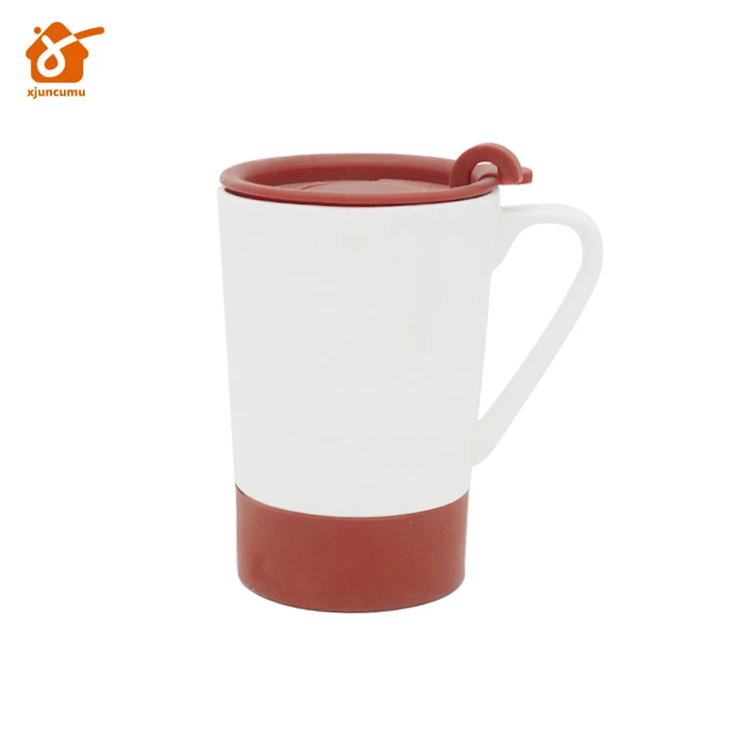 13oz v shape custom logo ceramic glazed travel coffee mug with pp lid and silicone sleeve