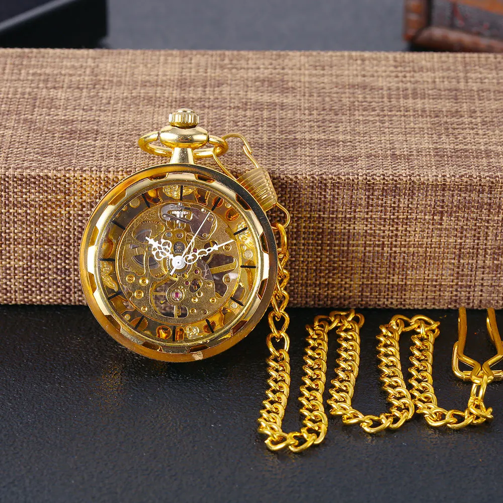 Large mechanical pocket watch high quality golden mskeleton watch wheels design stylish luxury pocket watch wholesale