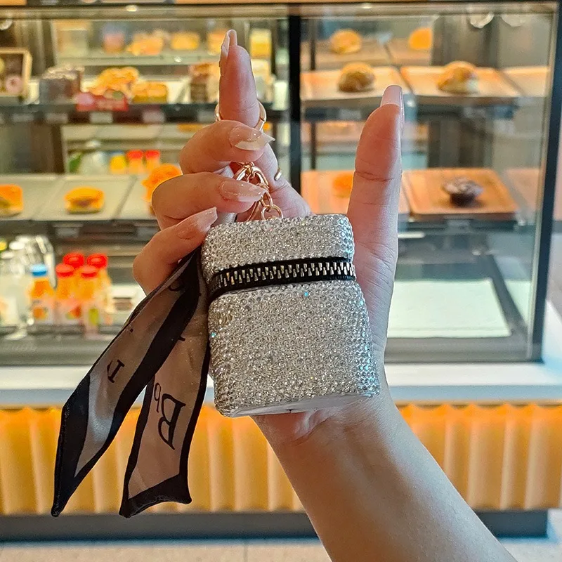 Bling Rhinestone Mini Airpods Pouch Earphone Case Car Keychain Wallet Bag Pendant Girl Key Chain lipstick Bag