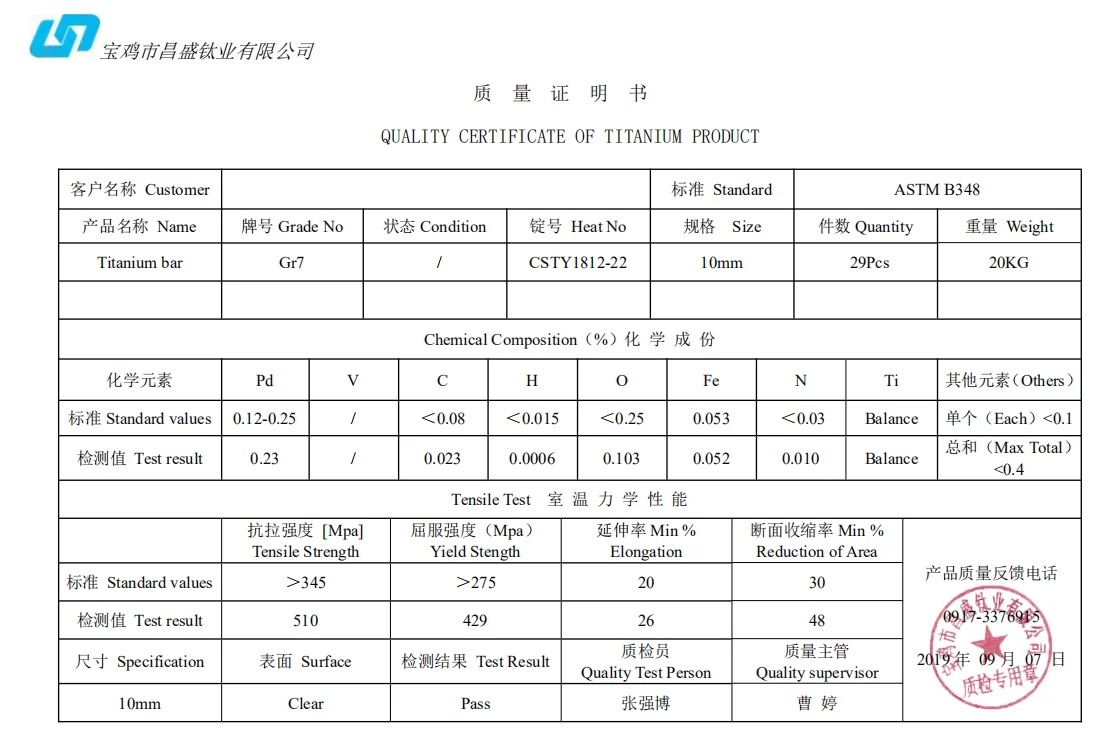 Strong heat resistance Big Diameter Titanium gr7 Alloy Bar Titanium Price per Gram in Stock for Sodium Hypochlorite Generator