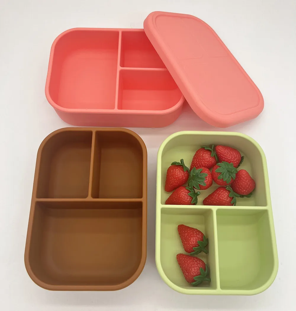 BHD NEW Leak-Proof 3 Compartment Reusable BPA Free Dishwasher Safe Silicone Divided Bento Lunch Box Container for Adult & Kids
