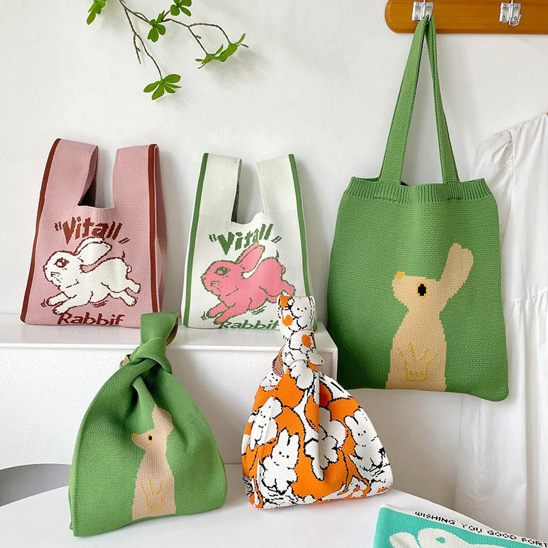 Brand Design Cute Rabbit Pattern Knitting Fabric Handbag Eco Small Shopping Bag Wool Crochet Tote Hand Bags for Women