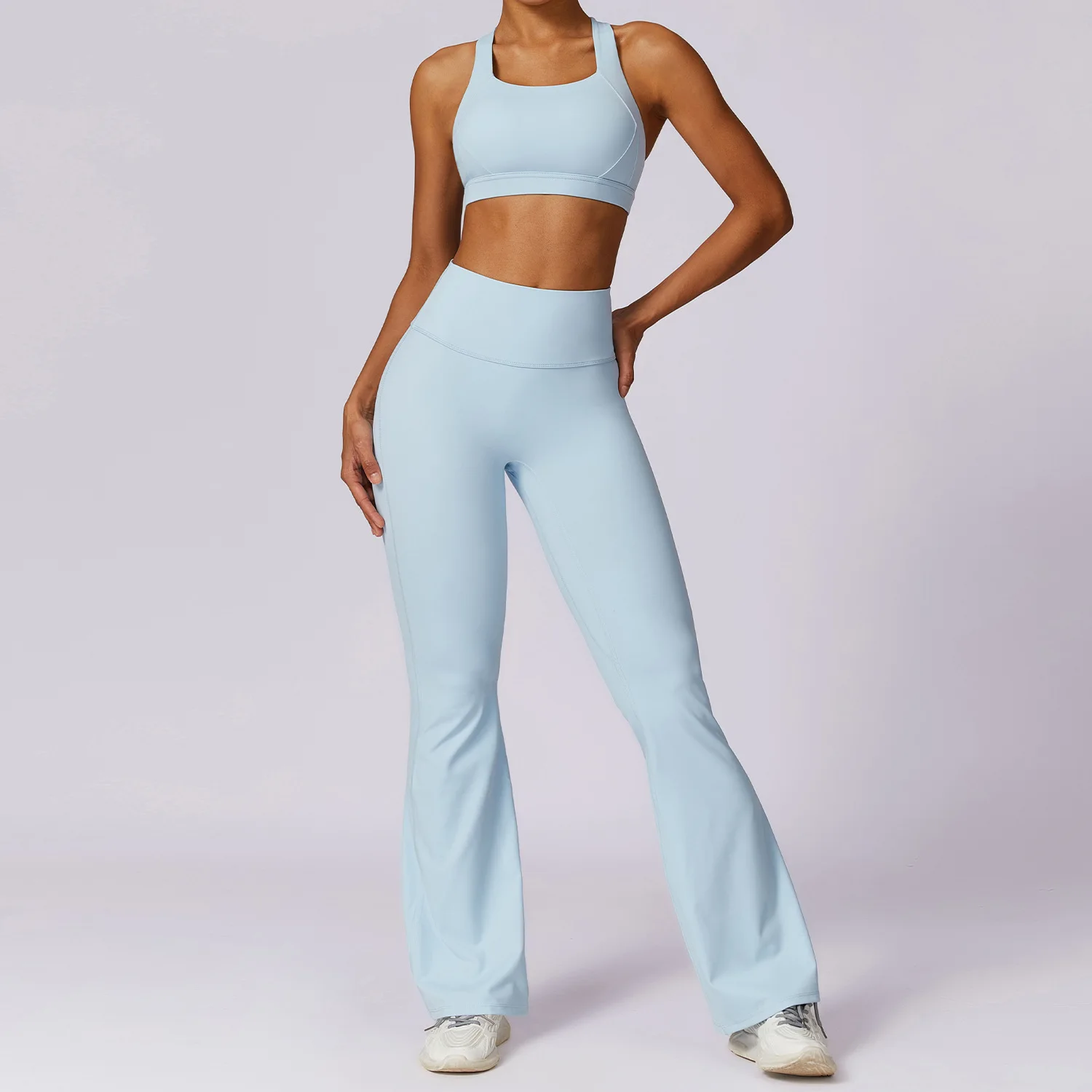 New High Quality Sportswear 2 Piece Suit Sports Bra Wide Leg Flare Pants Set Custom Workout Wear Gym Fitness Women Yoga Set