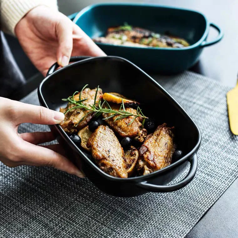 Rectangular cake microwave bakeware ceramic dinner set nordic baking plate porcelain bakeware with handle baking dish