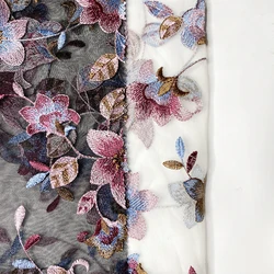 Harvest boho nylon polyester pink and navy floral design embroidered fabric 190-200 gsm for dress