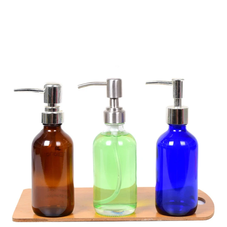 8 унций большие жидкие диспенсеры домашние лосьоны круглые янтарные Стеклянные бутылки насоса 250 мл с насосом из нержавеющей стали для эфирных масел