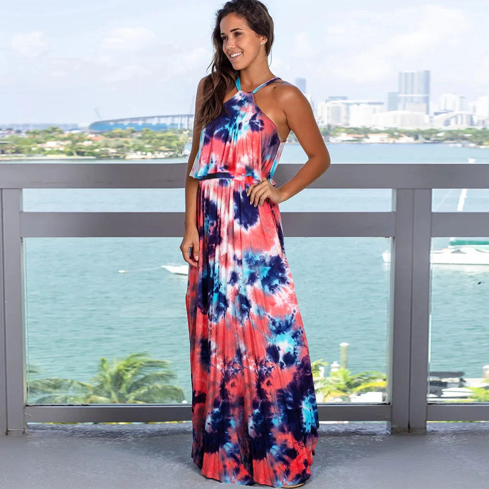 
Hot Sale Tie Dye Print Summer Maxi Dress Long Loose Style Slips Beach Sundress With Ruffles 