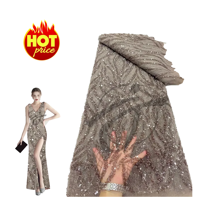 Yun Fan buy sequin beaded lace fabrics by the yard tulle mesh lace beading fabrics for bridal wedding women dress