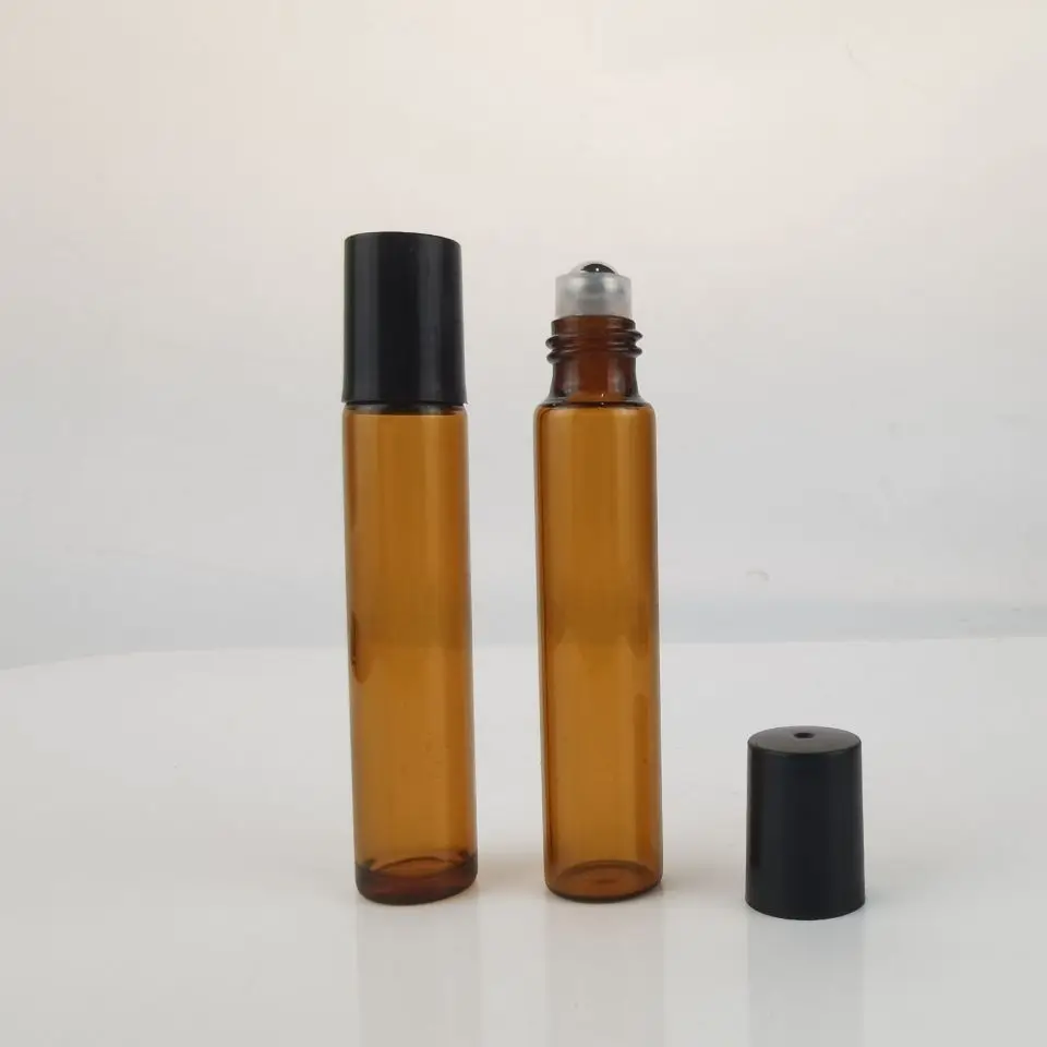 Amber Glass Roll On Bottle Light Tall Thin Roller Perfume Bottle 10ml with Black Gold Lids for Essential Oil