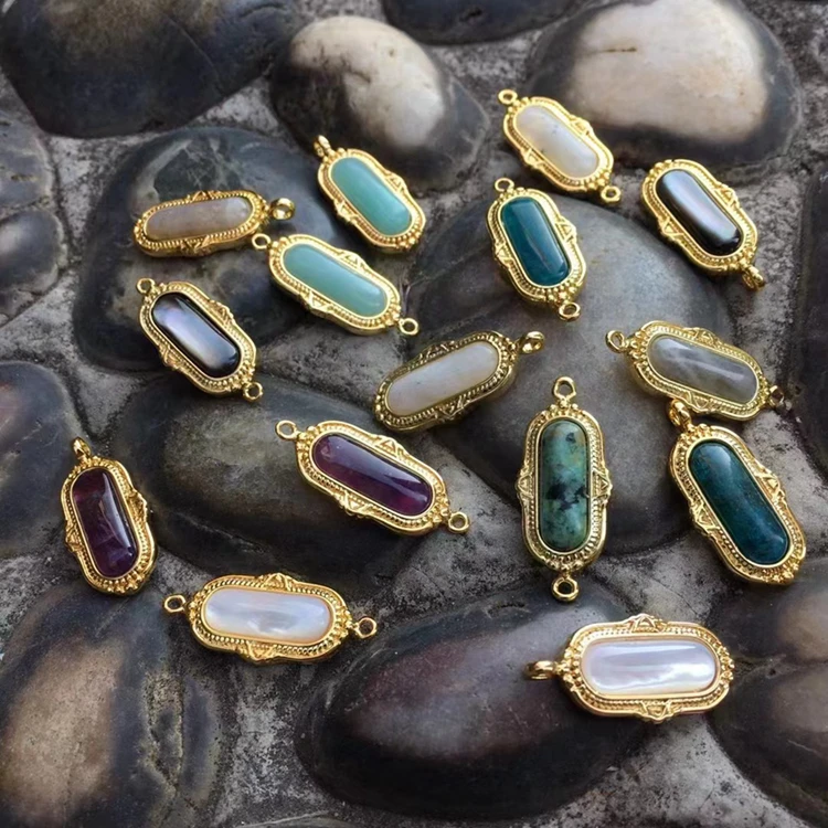 Fashion jewelry finding handmade oval shape charms natural stone charms with golden edges connectors for bracelet