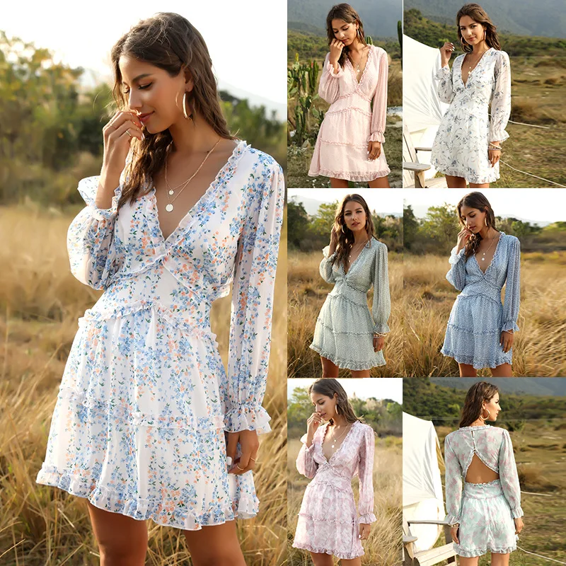 
American Style Fashion Lantern Sleeve Deep V-neck Dresses Women Floral Printed Cake Chiffon Dress For 2021 Summer 