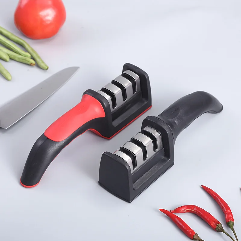 RAYSHINE kitchen professional 3 stages portable handheld self sharpener knife tumbler rolling steel knife sharpener